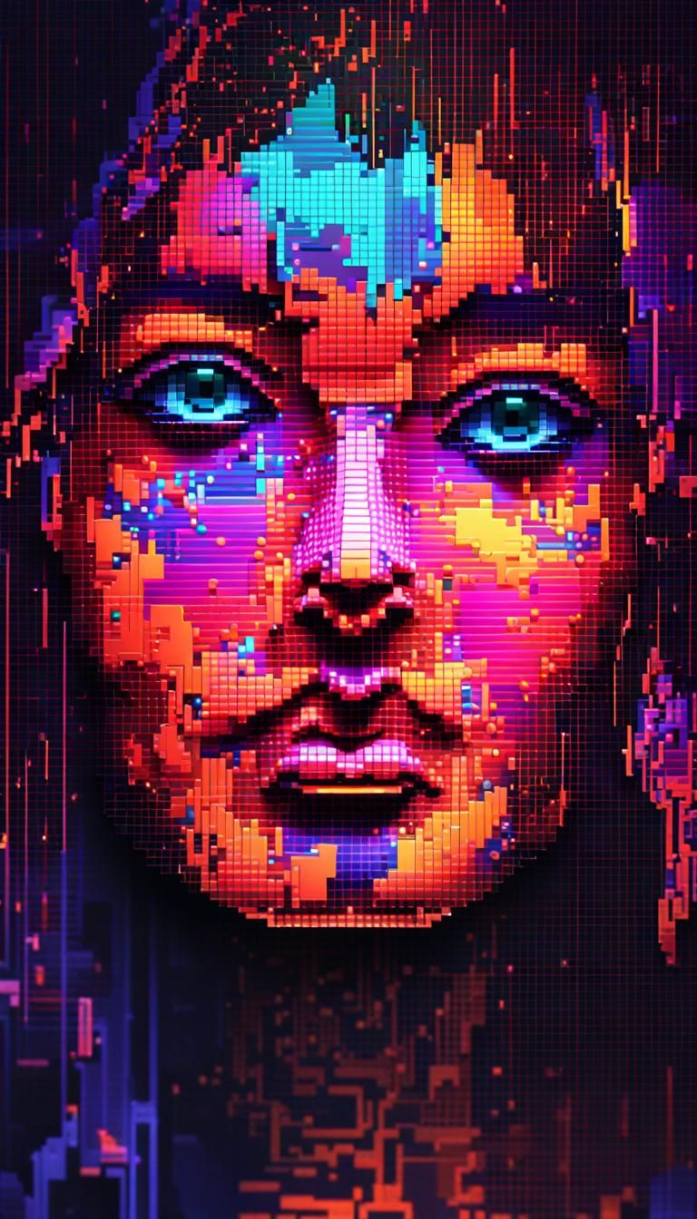 3D glass female face complet in very large pixel, pixel art,...