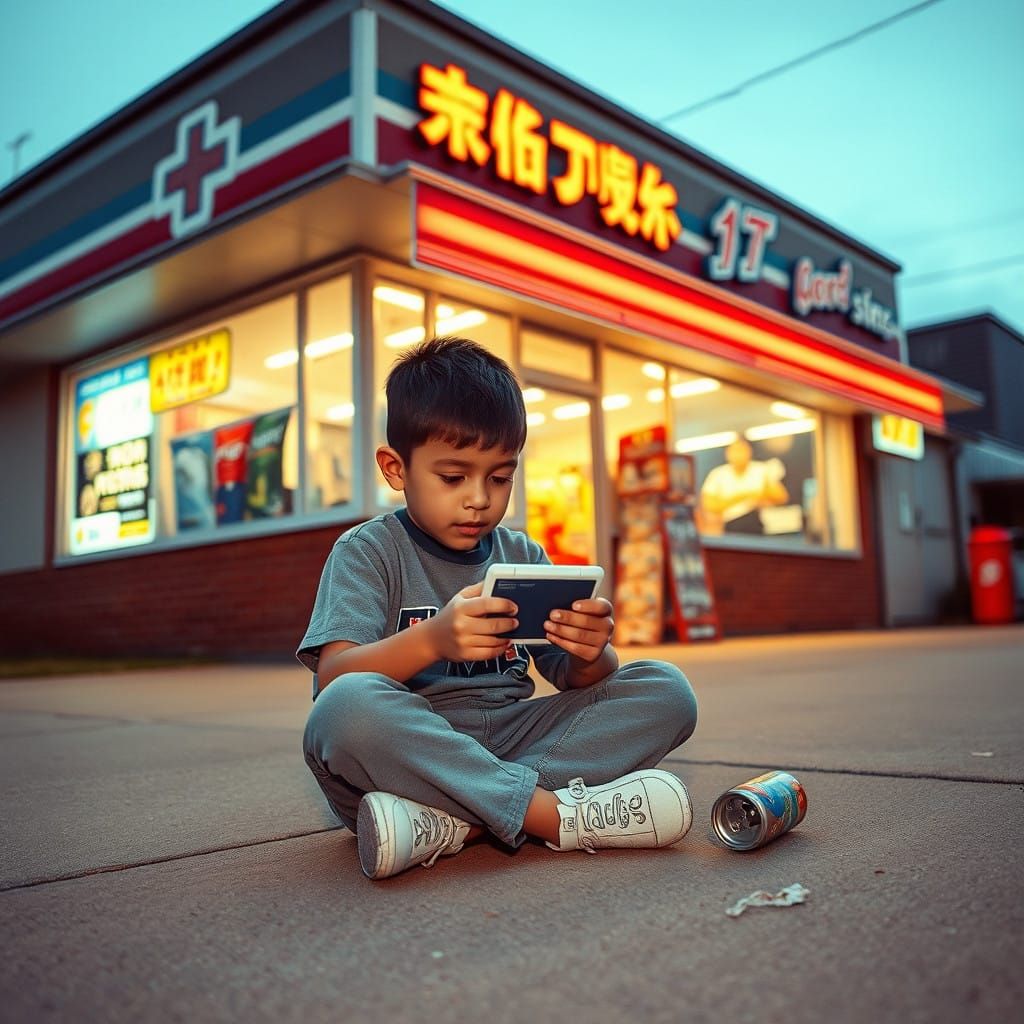 Retro Gaming Boy Surrounded by Neon Lights