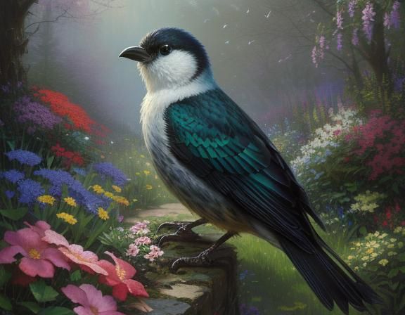 Bird in a Colorful Garden, Hyperrealistic Diamond Painting