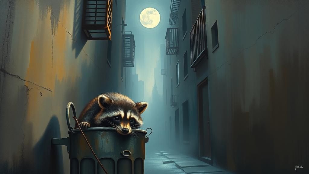 Raccoon in Moonlit Alley: Surreal Abstract Dreamscape