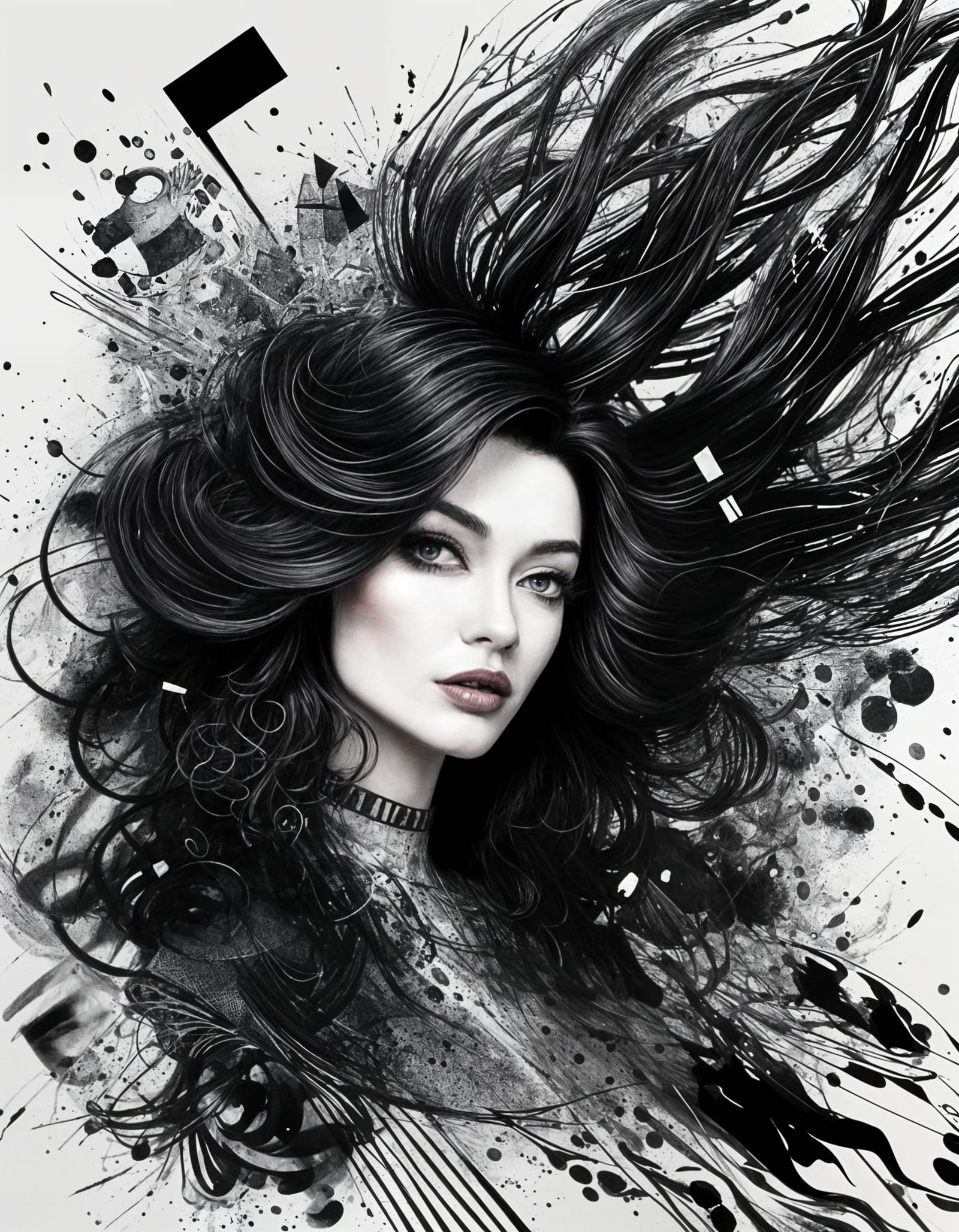 Abstract Hair Art in Black White Gold