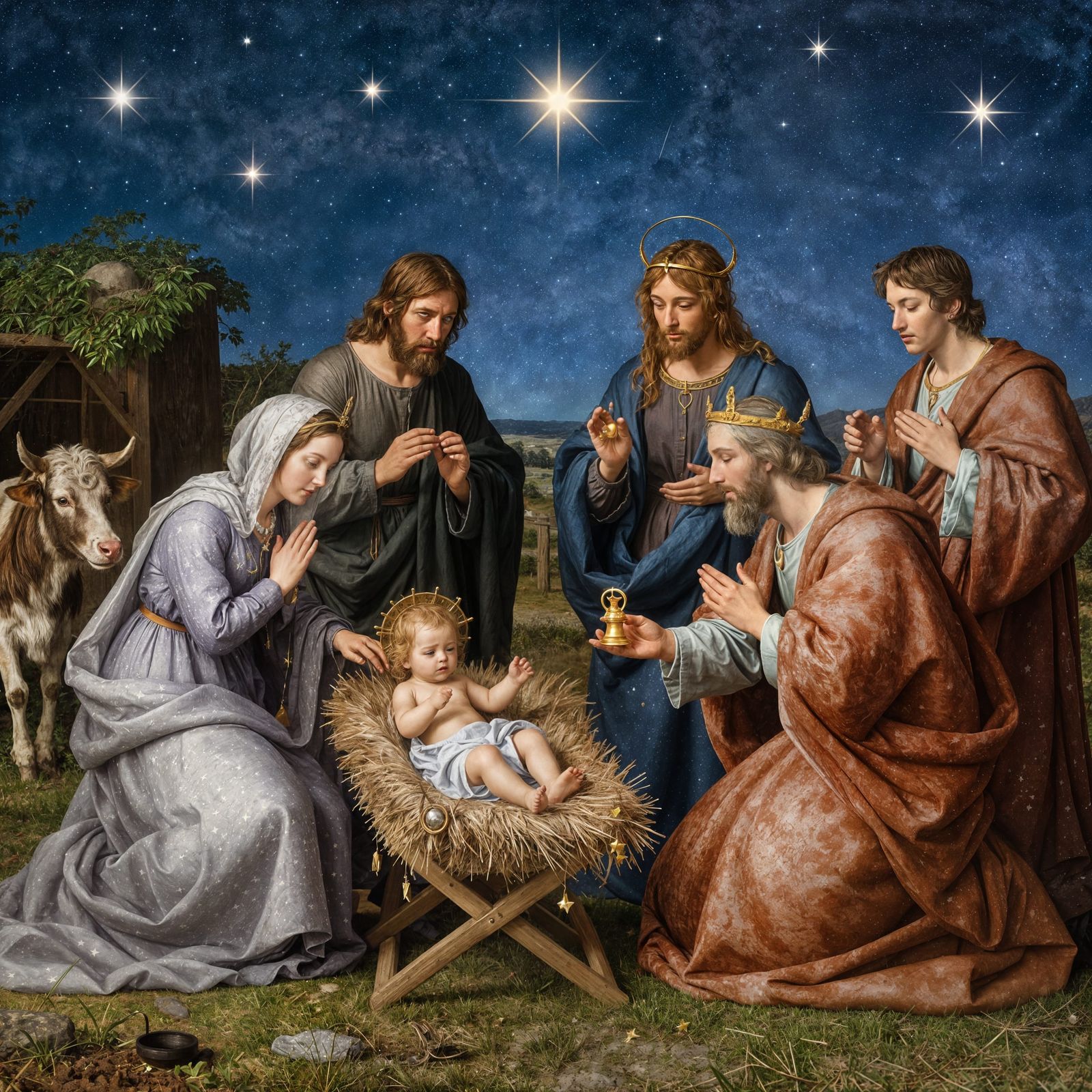 The Adoration of the Magi with Starry Night Sky