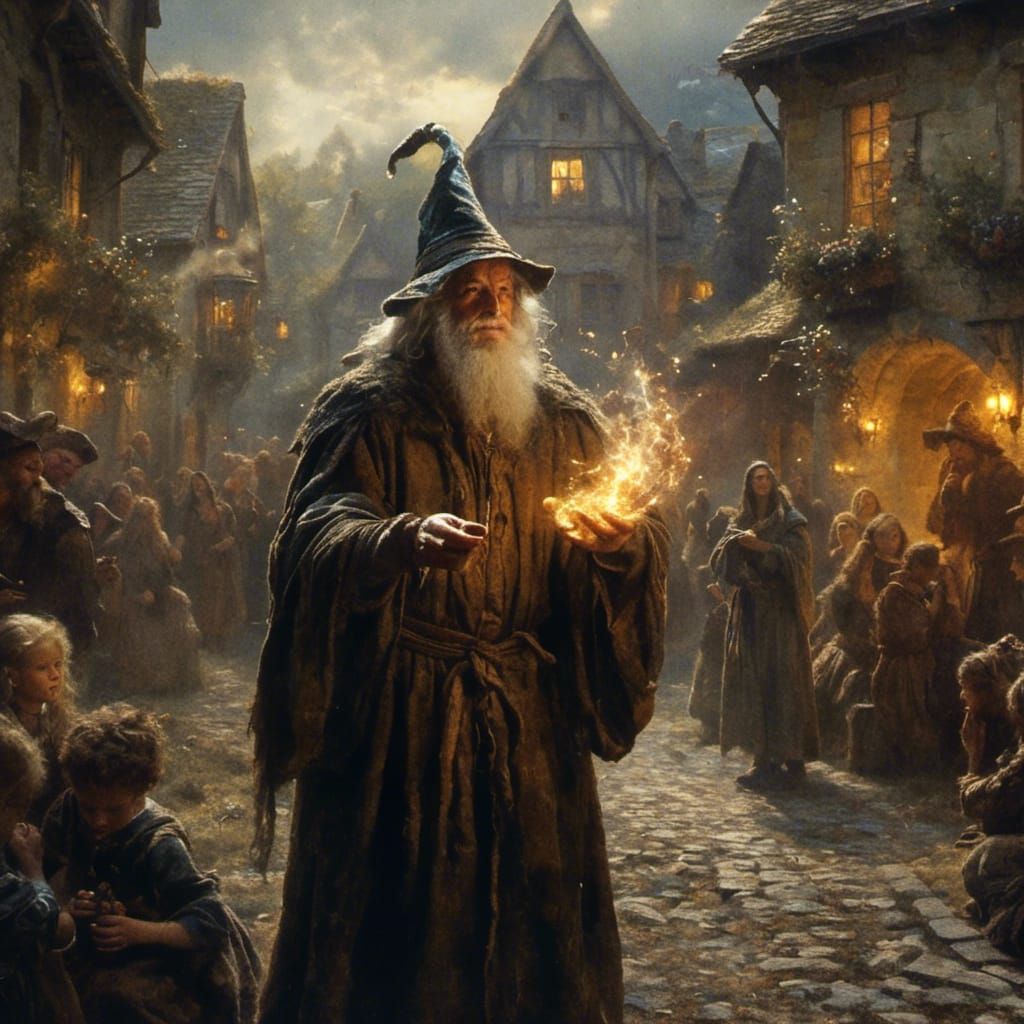 Fantasy Wizard Entertaining Town with Magic Spell