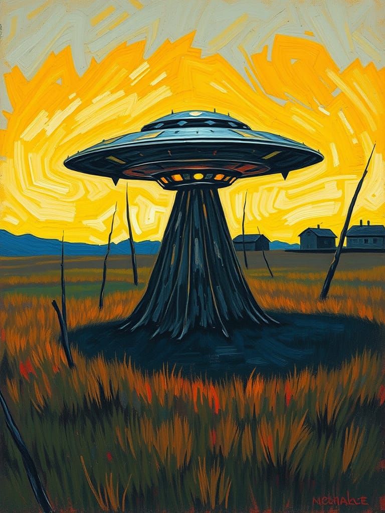 A UFO landing in a field at dusk. The UFO is shaped like an ...