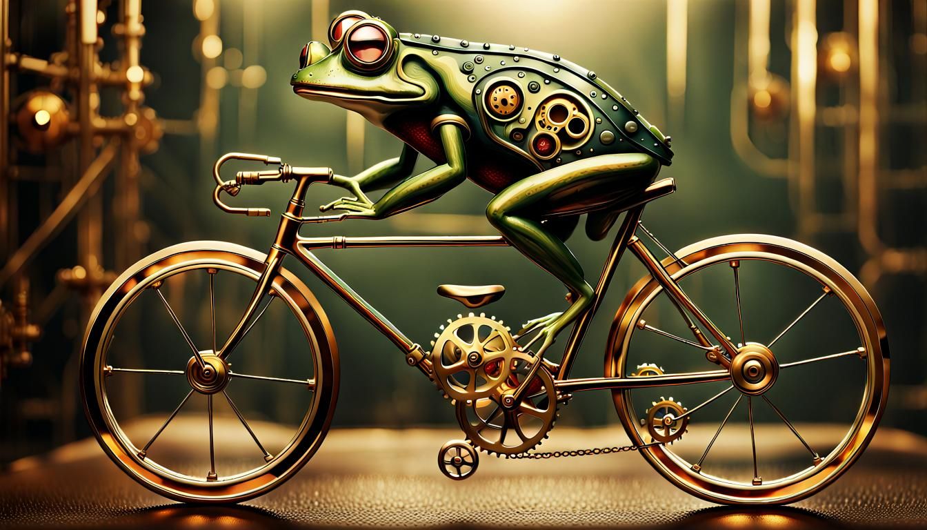 Steampunk Frog Rides Intricate Brass Bicycle