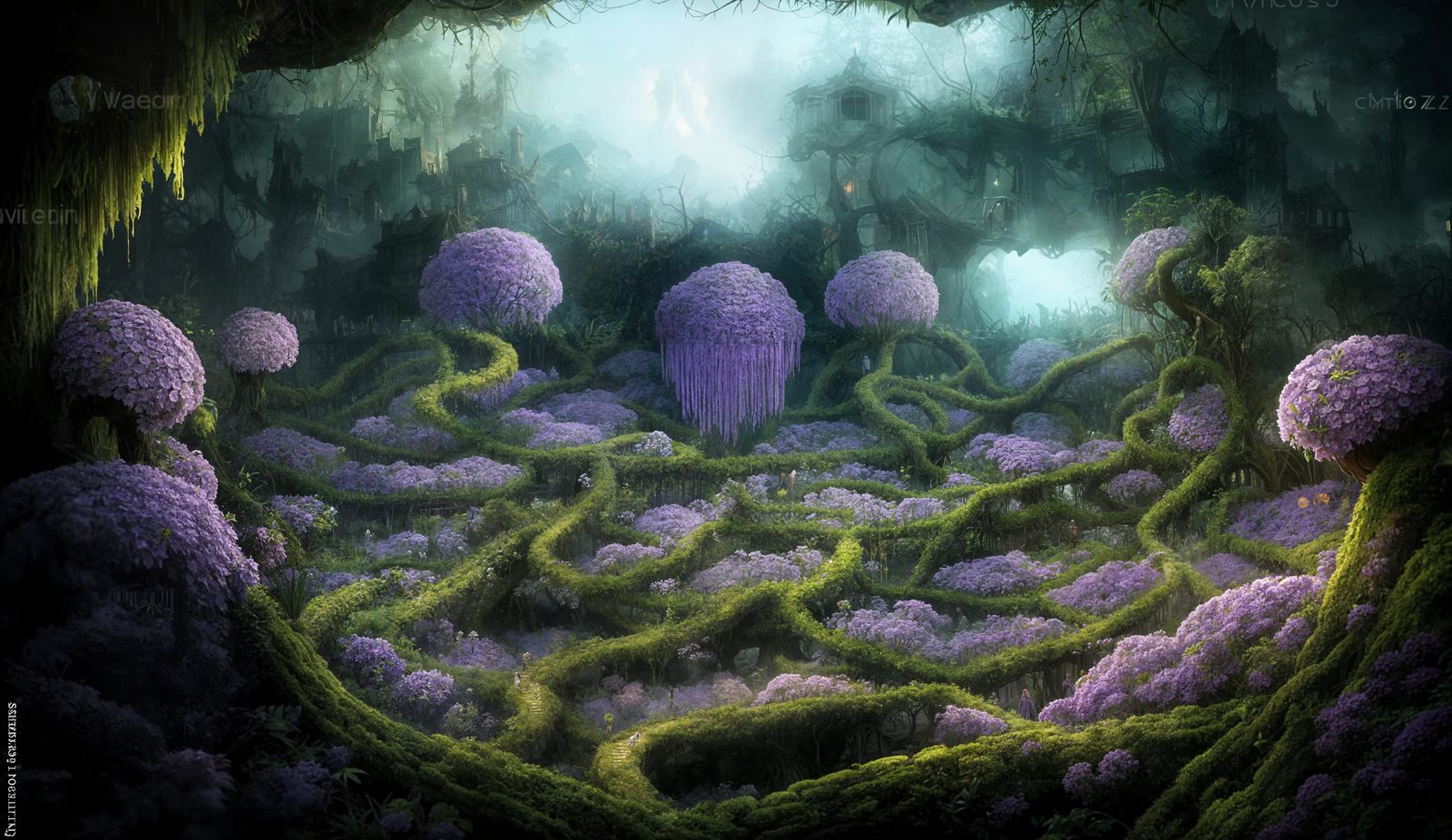 Ominous Garden Maze with Twisted Hedges, Dark Fantasy