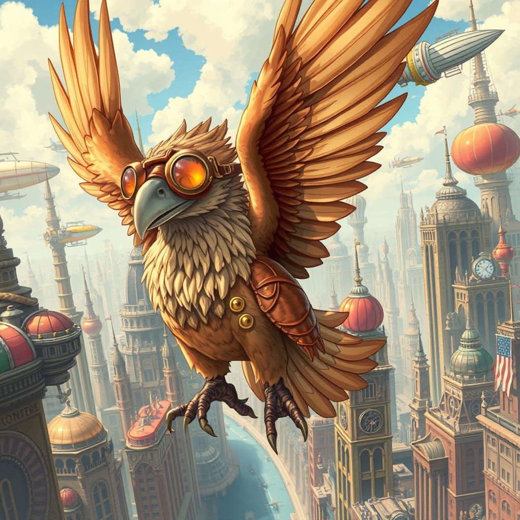 Steampunk Griffin Soaring Through Clockwork Metropolis