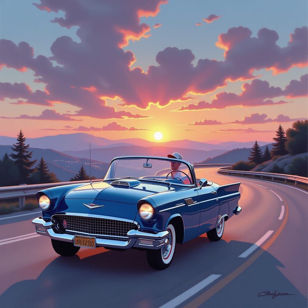 Classic Convertible on Coastal Highway Gouache Painting