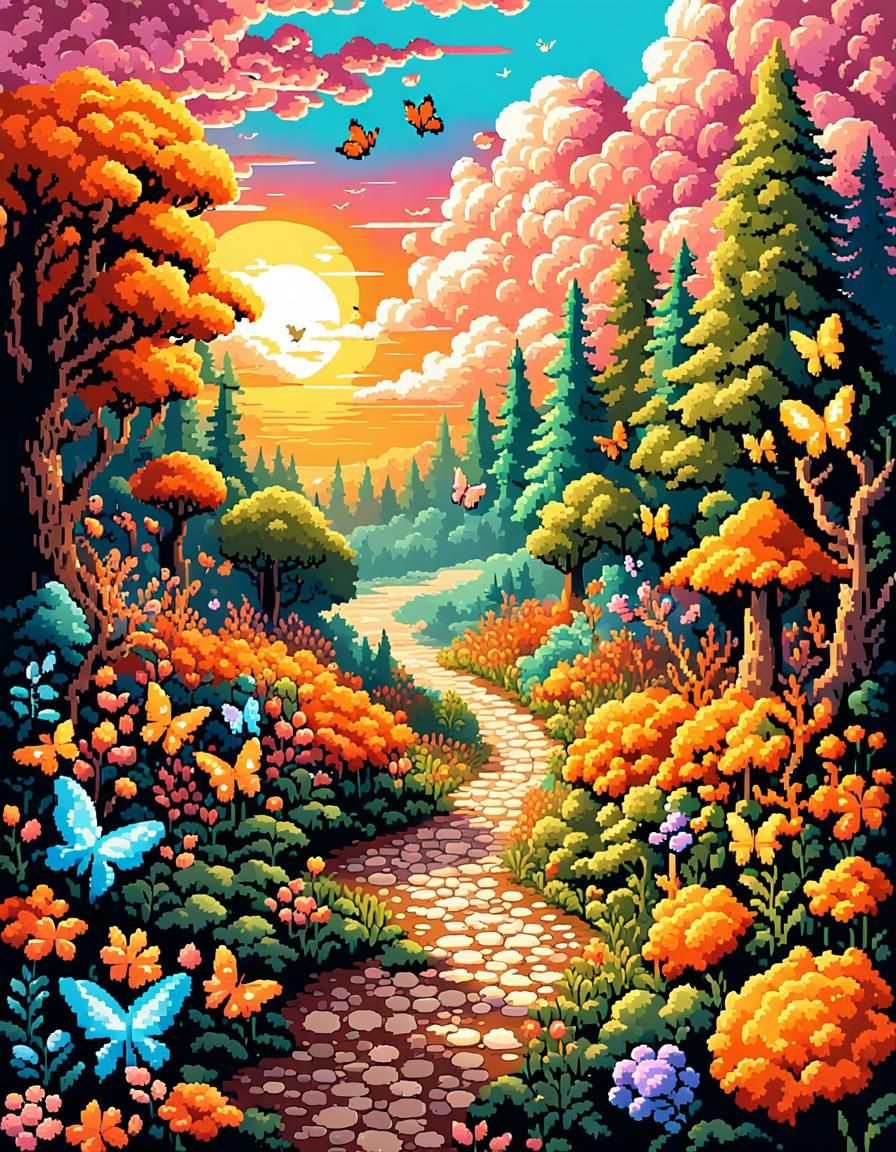 Pixel Art Sunset in Magical Forest