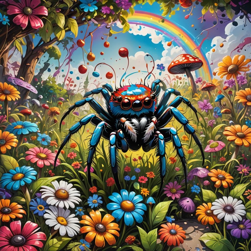 Colorful Jumping Spider in Graffiti Garden Scene
