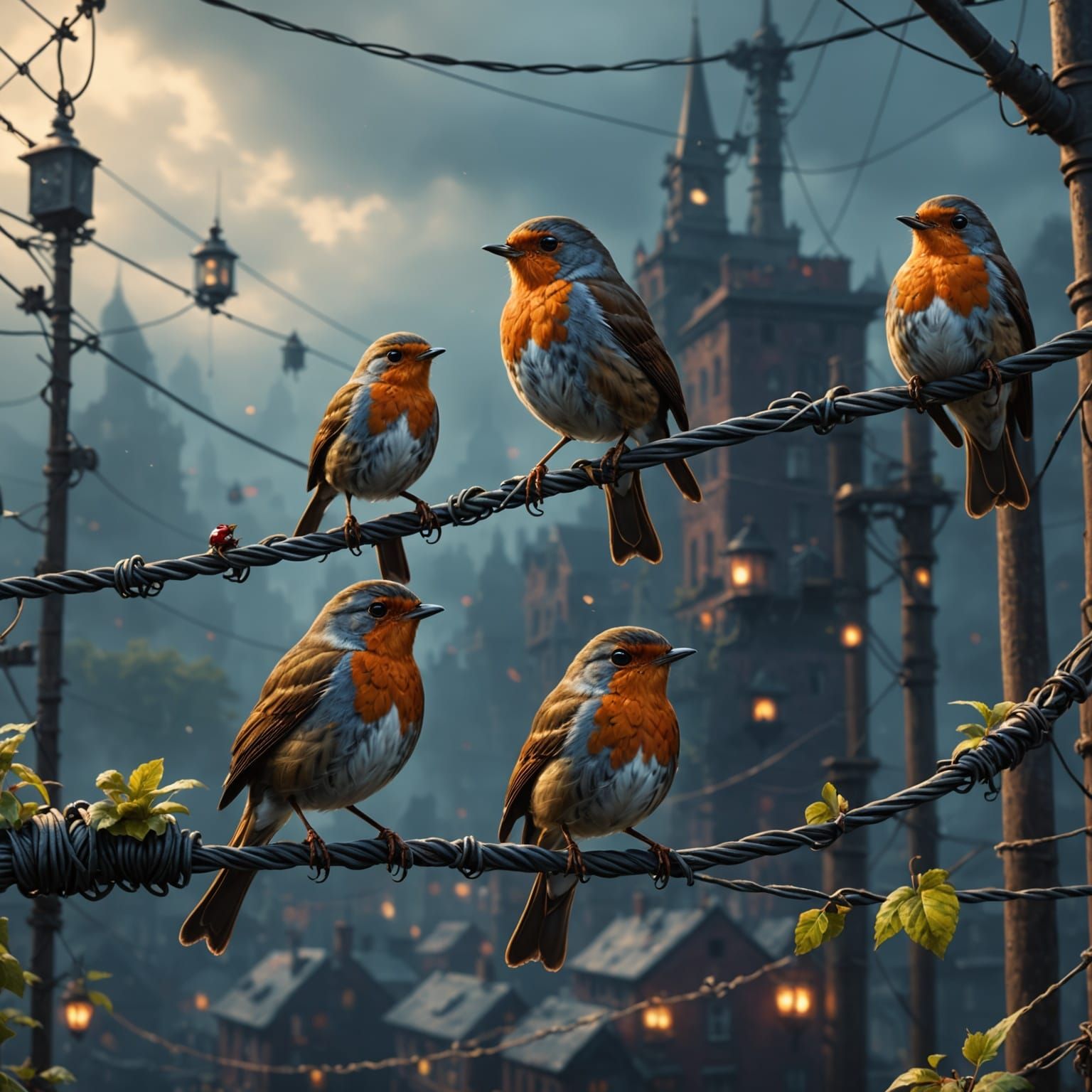 Magical Robins perched on a Telephone Wire in a Vibrant Drea...