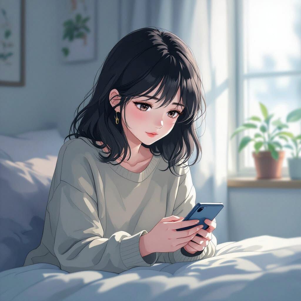 Melancholic Anime Girl Gazing at Phone in Solitude