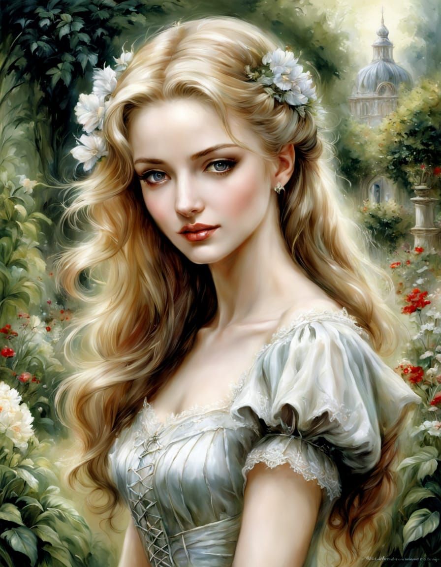 Ethereal Victorian Lady in a Garden, Painted in a Dreamy Rea...