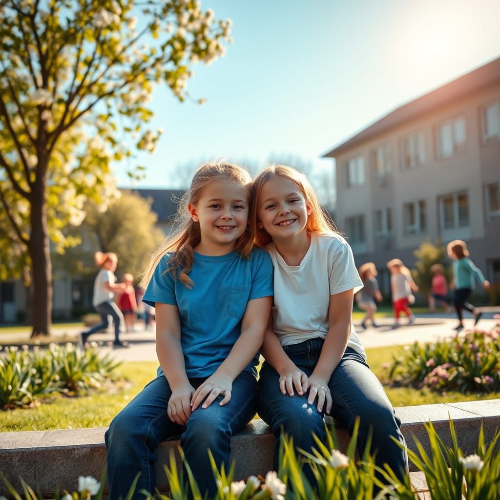 Mira and Elina on School Bench in Thurmond Style