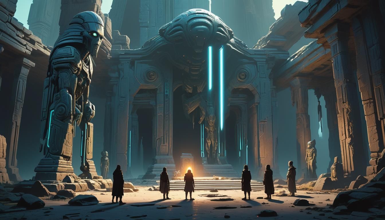 Manteos Tribe Gathered at Ruined Temple in Sci-Fi Style