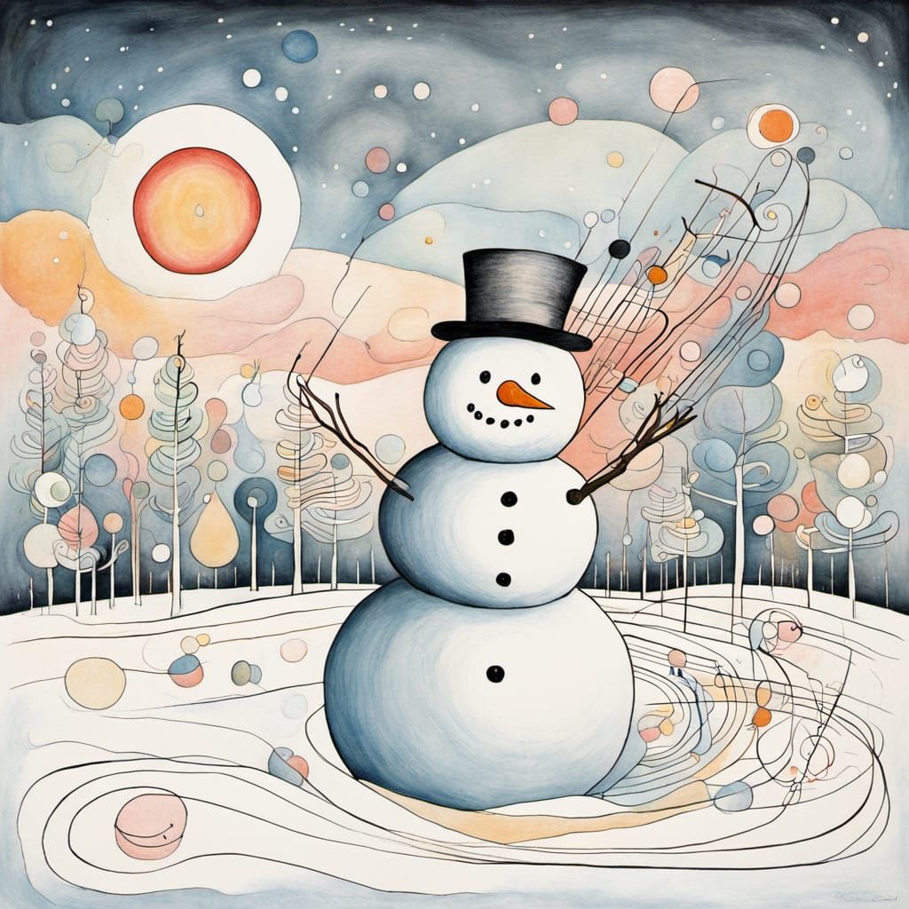 Dreamlike Snowman with Sleigh and Robin in Fluid Ink Style
