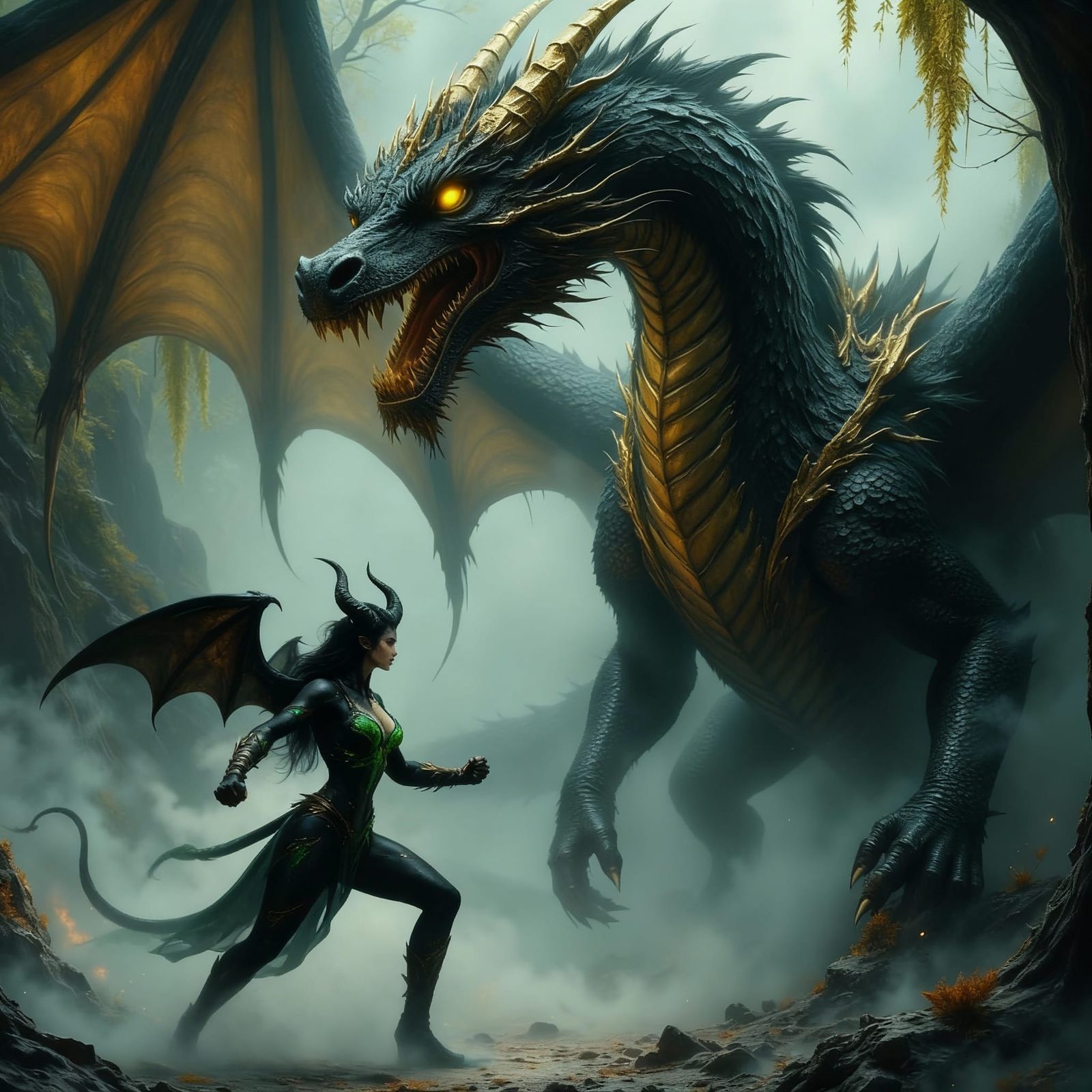 Dragon vs Demoness in Smoky Fog