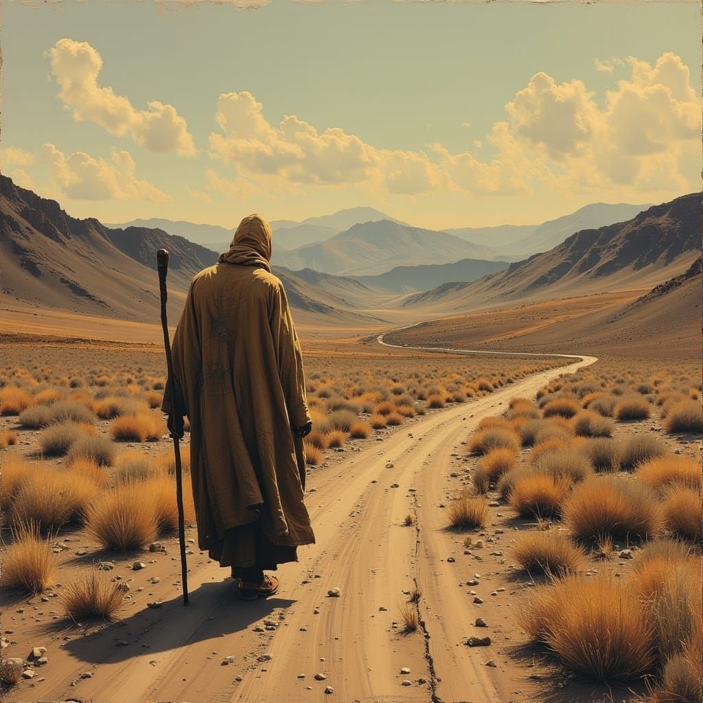 Lone Figure Walks Desolate Landscape in Abstract Style