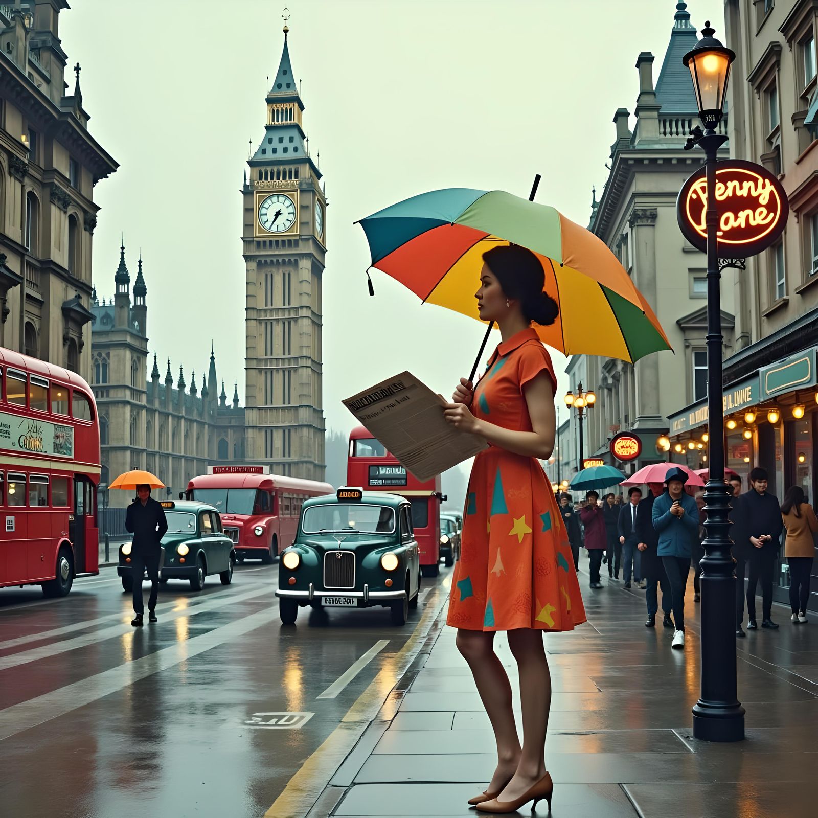 1960s Rainy London Street Scene with Beatles Band