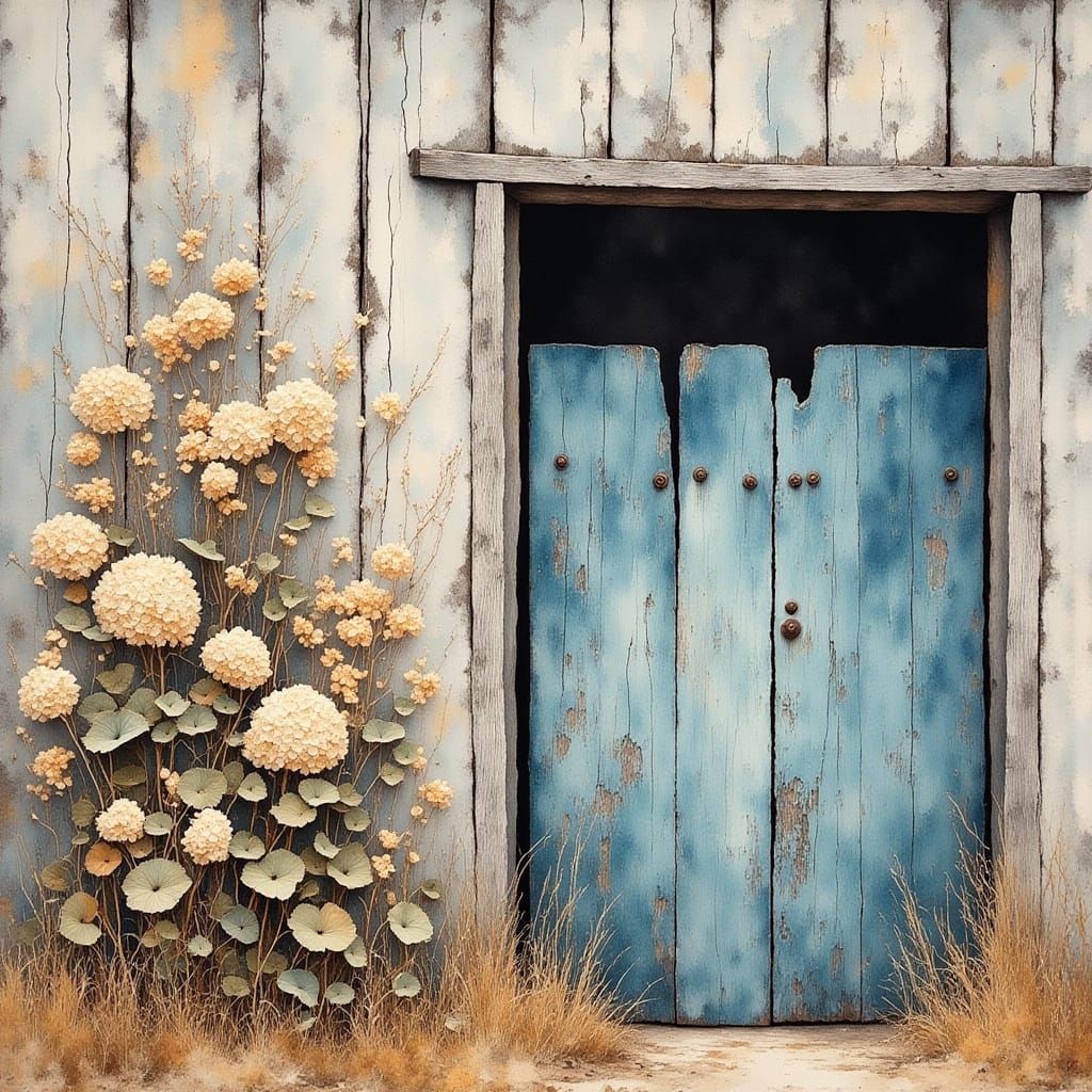 Wintering dried Hydrangea growing up against weathered barn ...