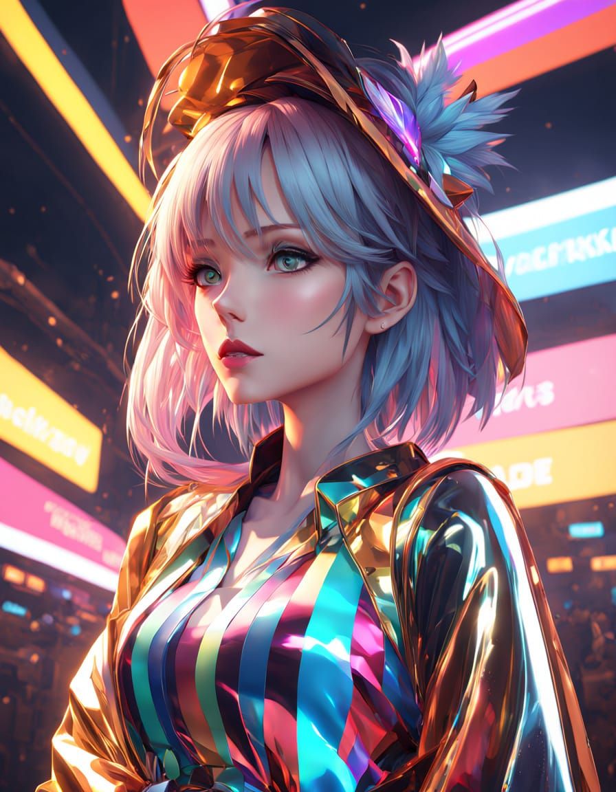 Vibrant Anime Woman in Striped Outfit with Swirling Patterns