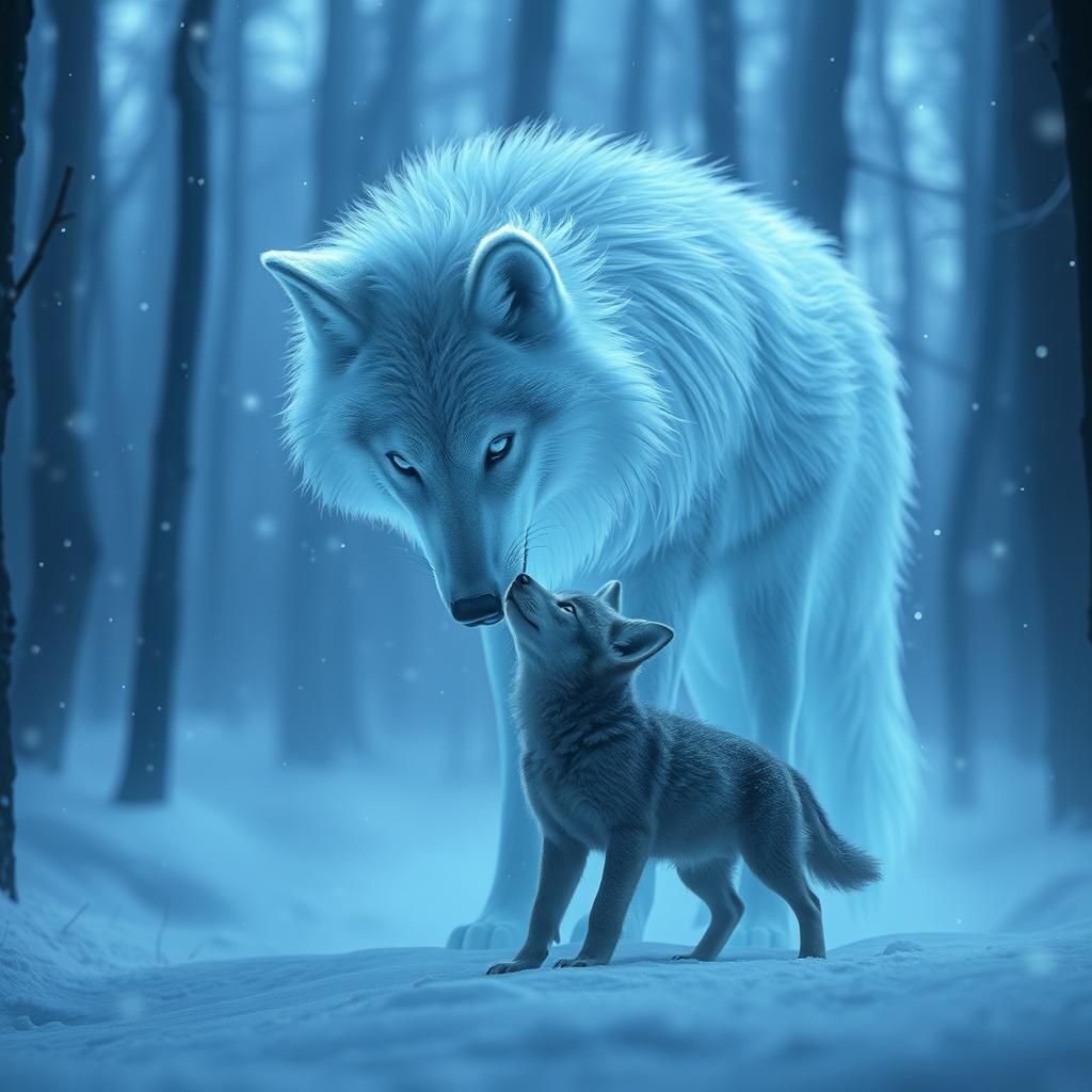 Ethereal Wolves in Snowy Forest, Digital Art
