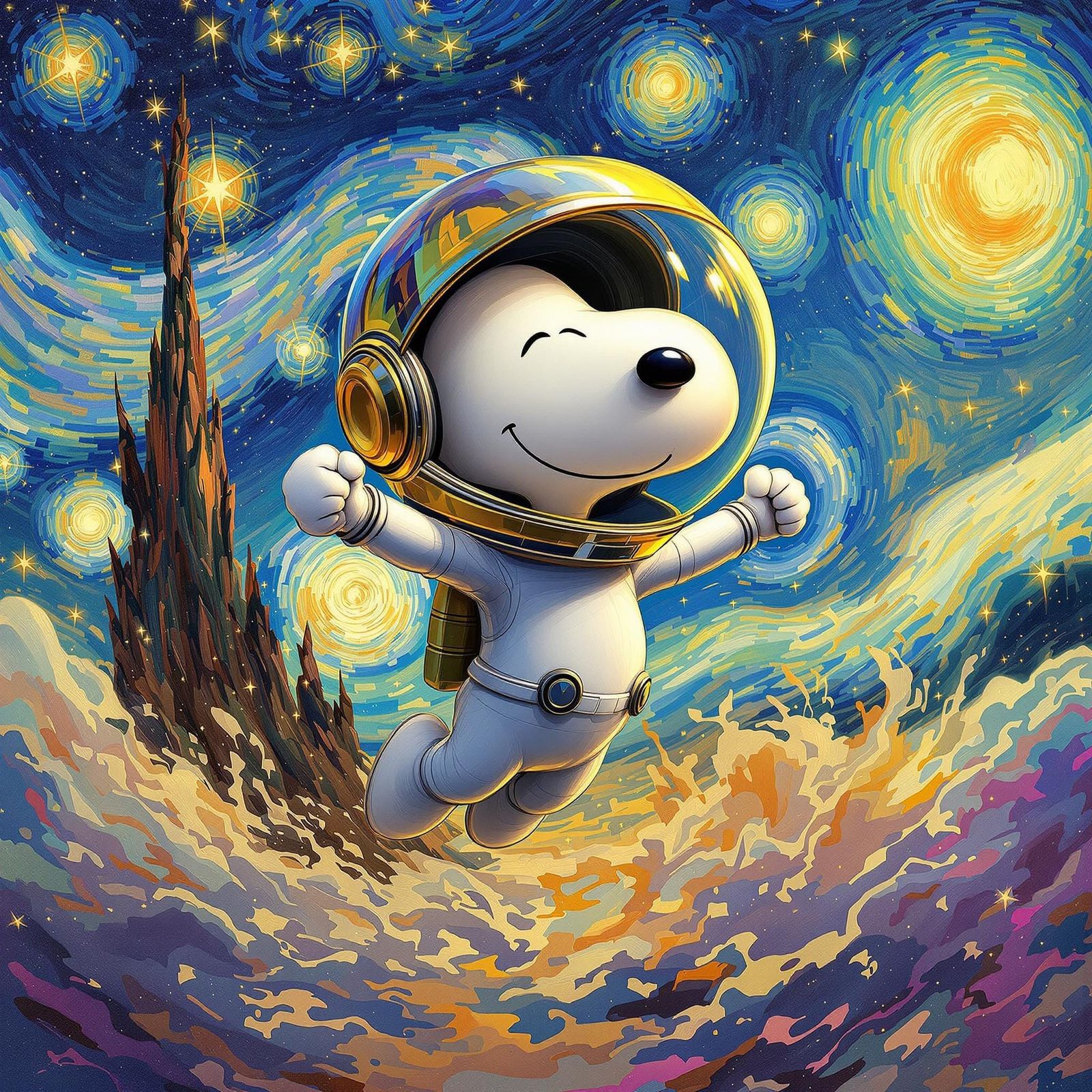 Psychedelic Snoopy as Astronaut in Starry Night