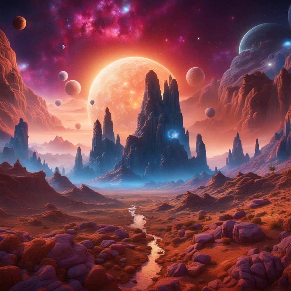 Cosmic Valley of Life: Detailed Fantasy Landscape