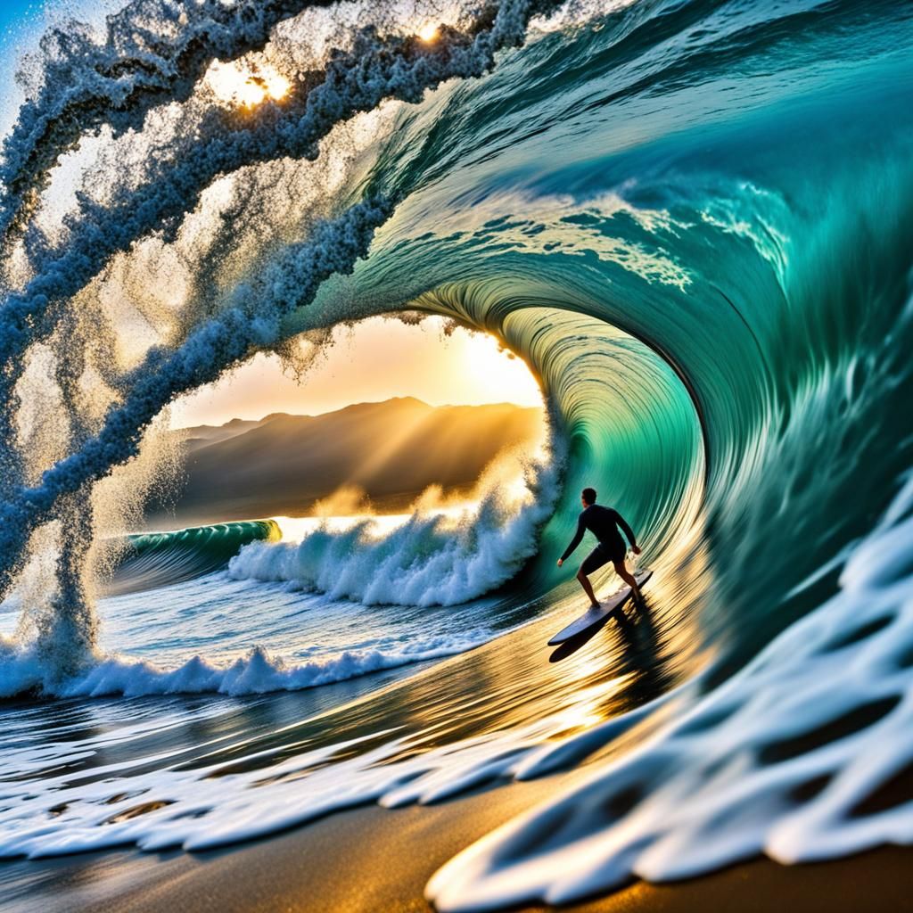 Hyperrealistic Surfer Exiting Wave Tunnel on Beach