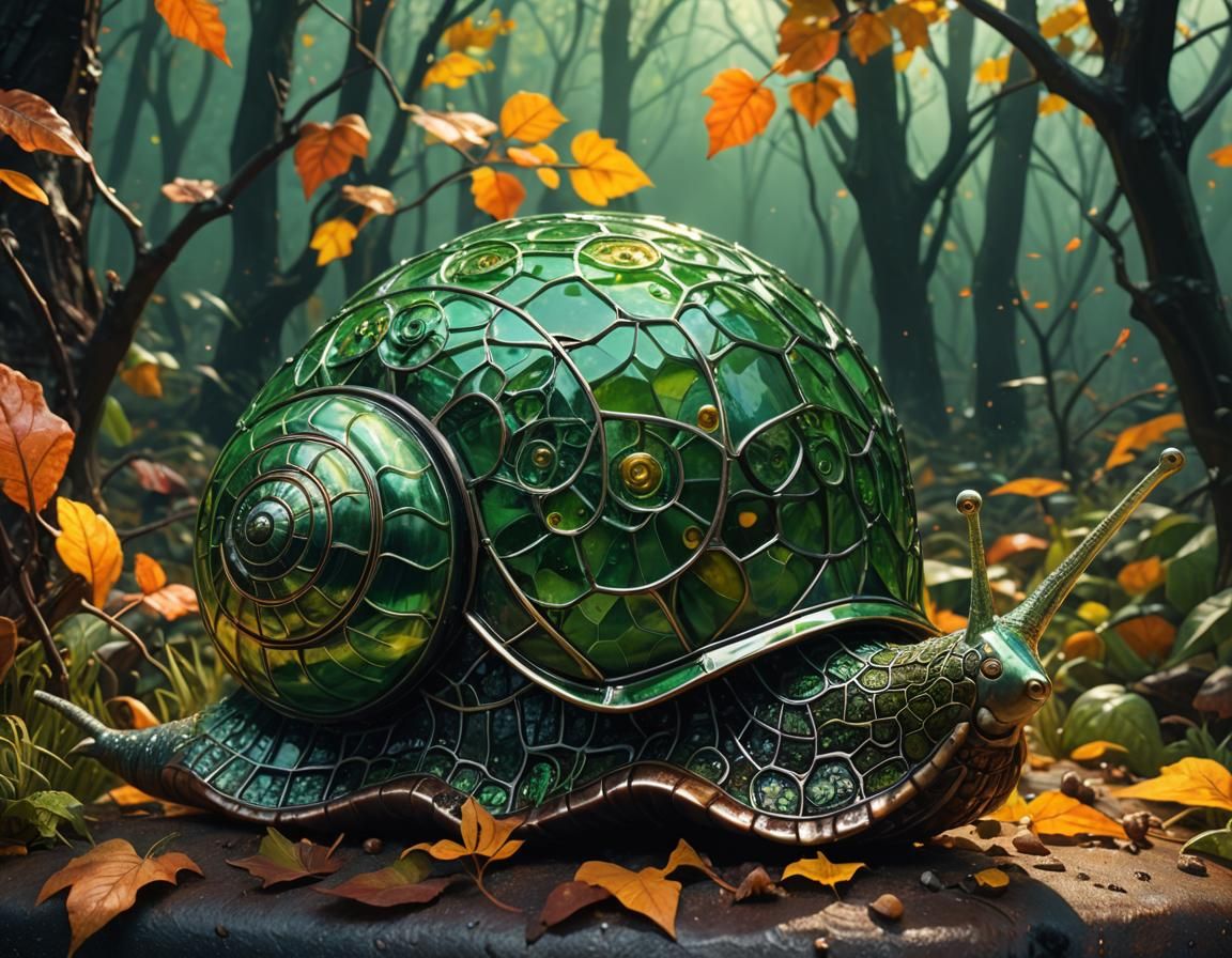A jade snail in the autumn forest.