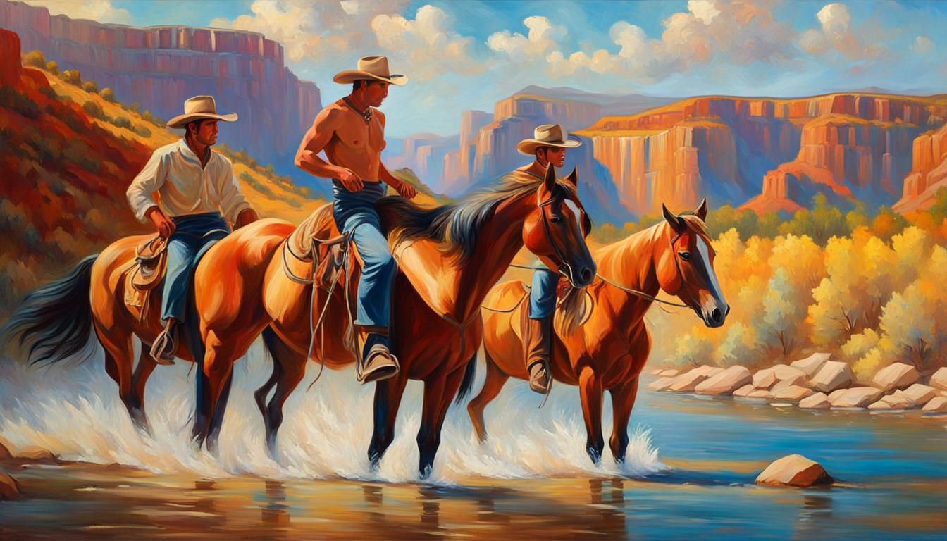 Cowboys Crossing the Grand Canyon: Neo-Impressionist Oil Pai...