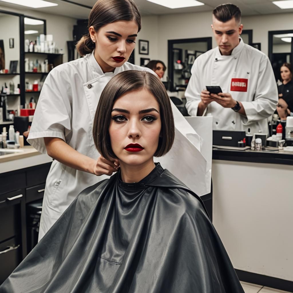 Girl's Disastrous Haircut in Barbershop: Portrait Photograph...