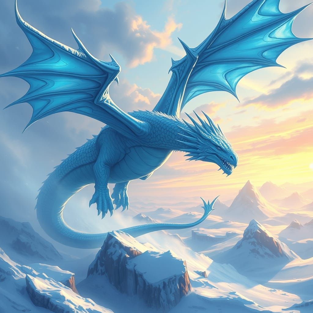 Ice Dragon Soaring Over Frozen Tundra