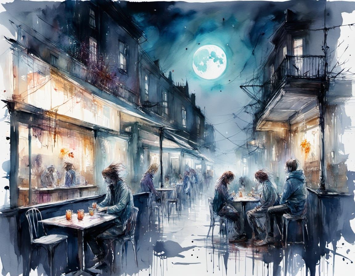Spooky Moonlit Caffe with Glowing Figures