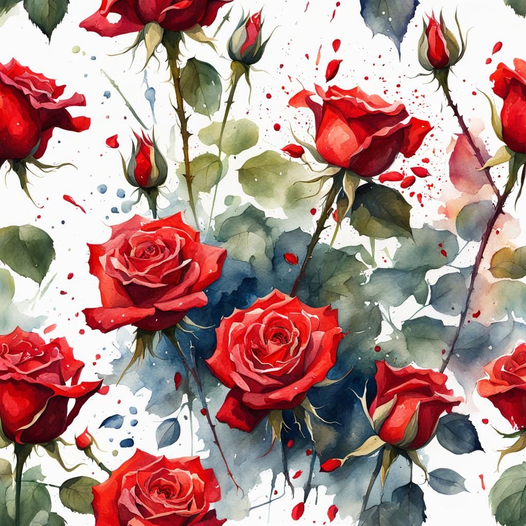 Disintegrating Red Roses in Digital Watercolour Style