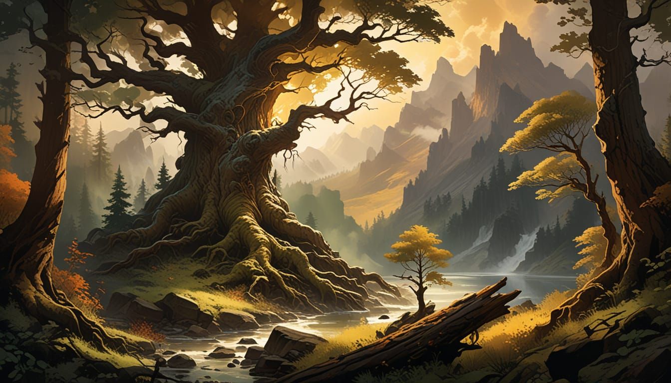 Ancient Tree Sentinel in a Sunlit Forest