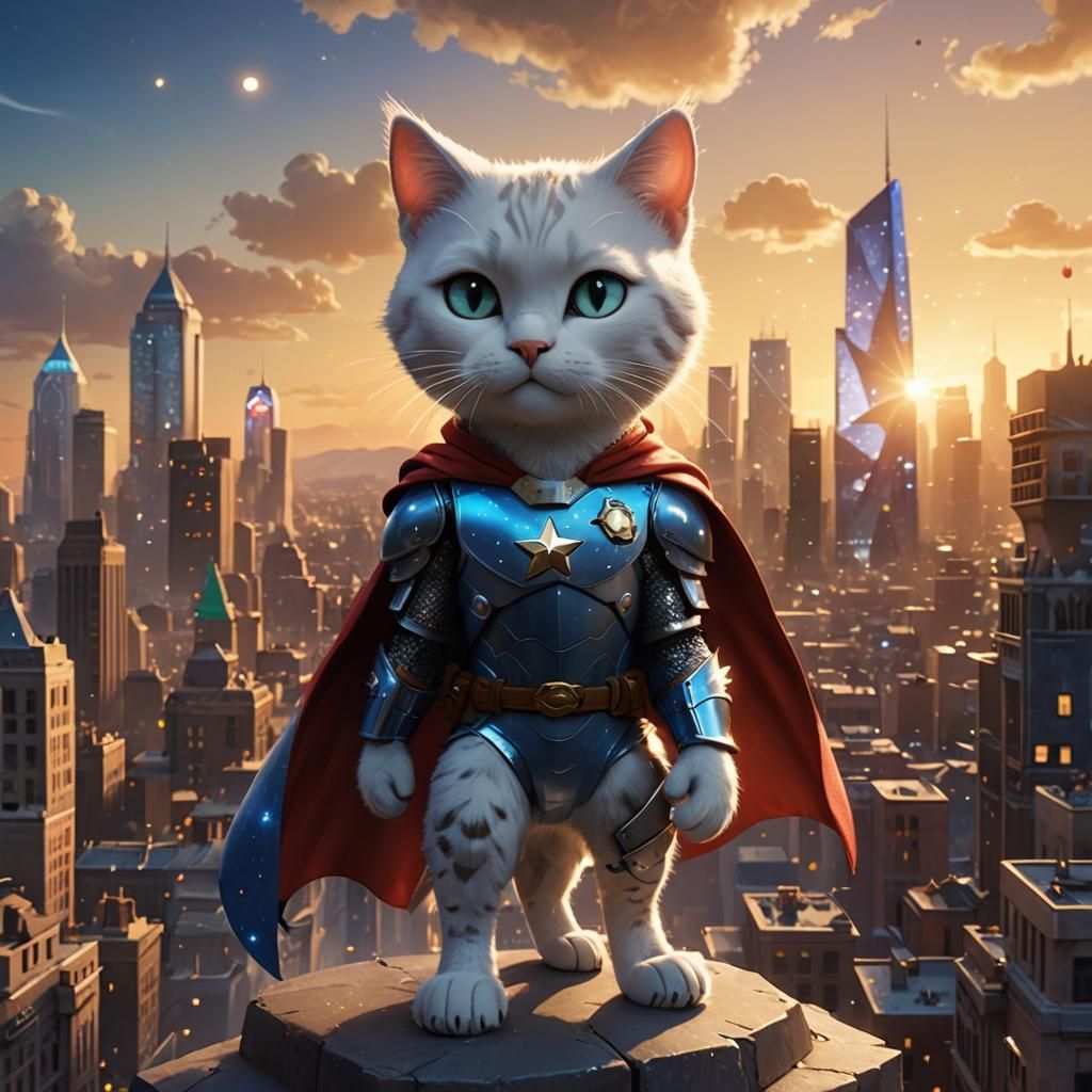 Armored Cat with Glowing Shield in Pixar Style