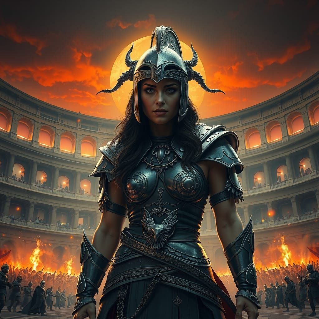 Female Gladiator in Colosseum at Sunset, Digital Matte Paint...