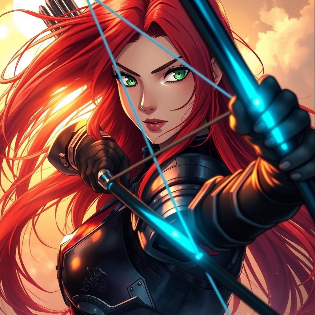 Red-Haired Archer Anime Portrait in Golden Light