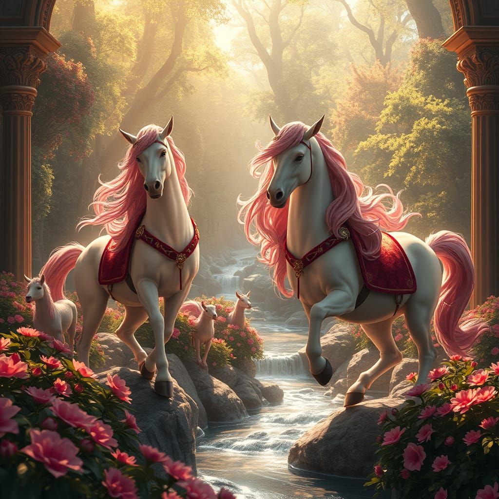 Centaurs and Nymphs in Forest, Fantasy 3D Rendering