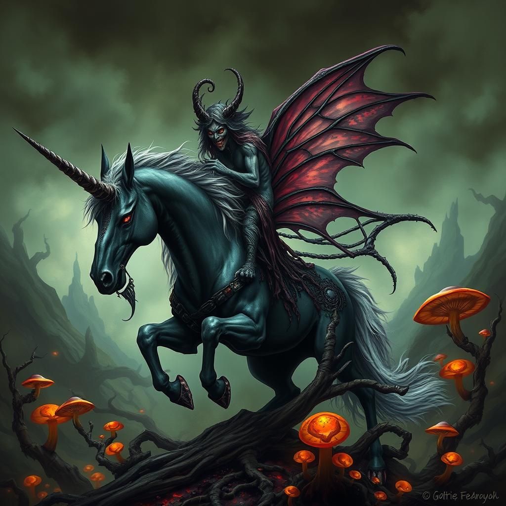 Evil Fairy on Corrupted Unicorn in Dark Surrealism