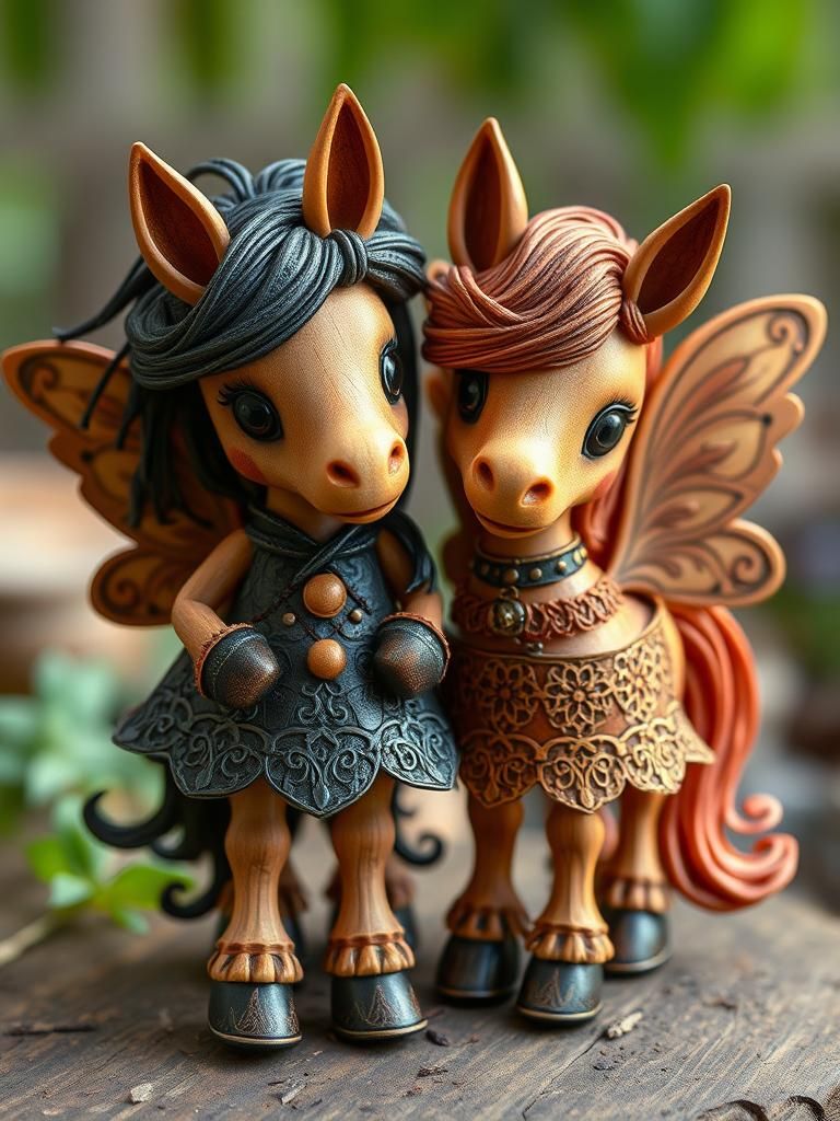 Pixie Ponies Celebrate Before Breakfast in Carved Wood Style