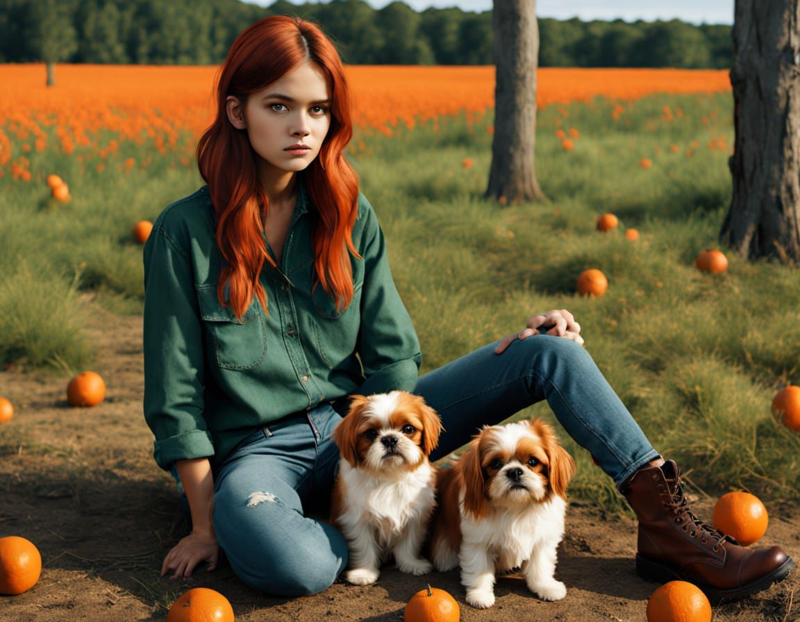 Woman with Shih Tzu in Pumpkin Field, Cinematic Art