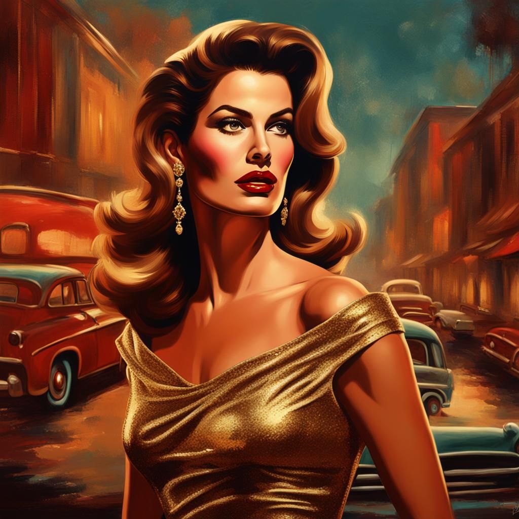 Mid-Century Woman in Gold Dress as Oil Painting