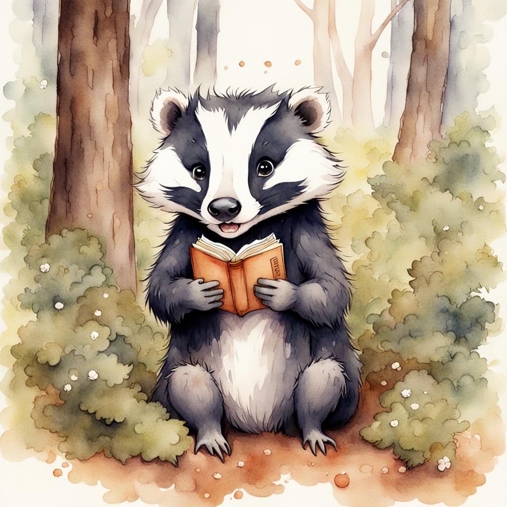 BADGER READING IN WOODLAND