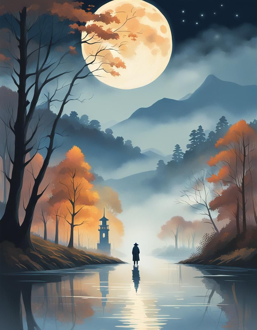 Ethereal Figure on Misty Riverbank in Gouache Style