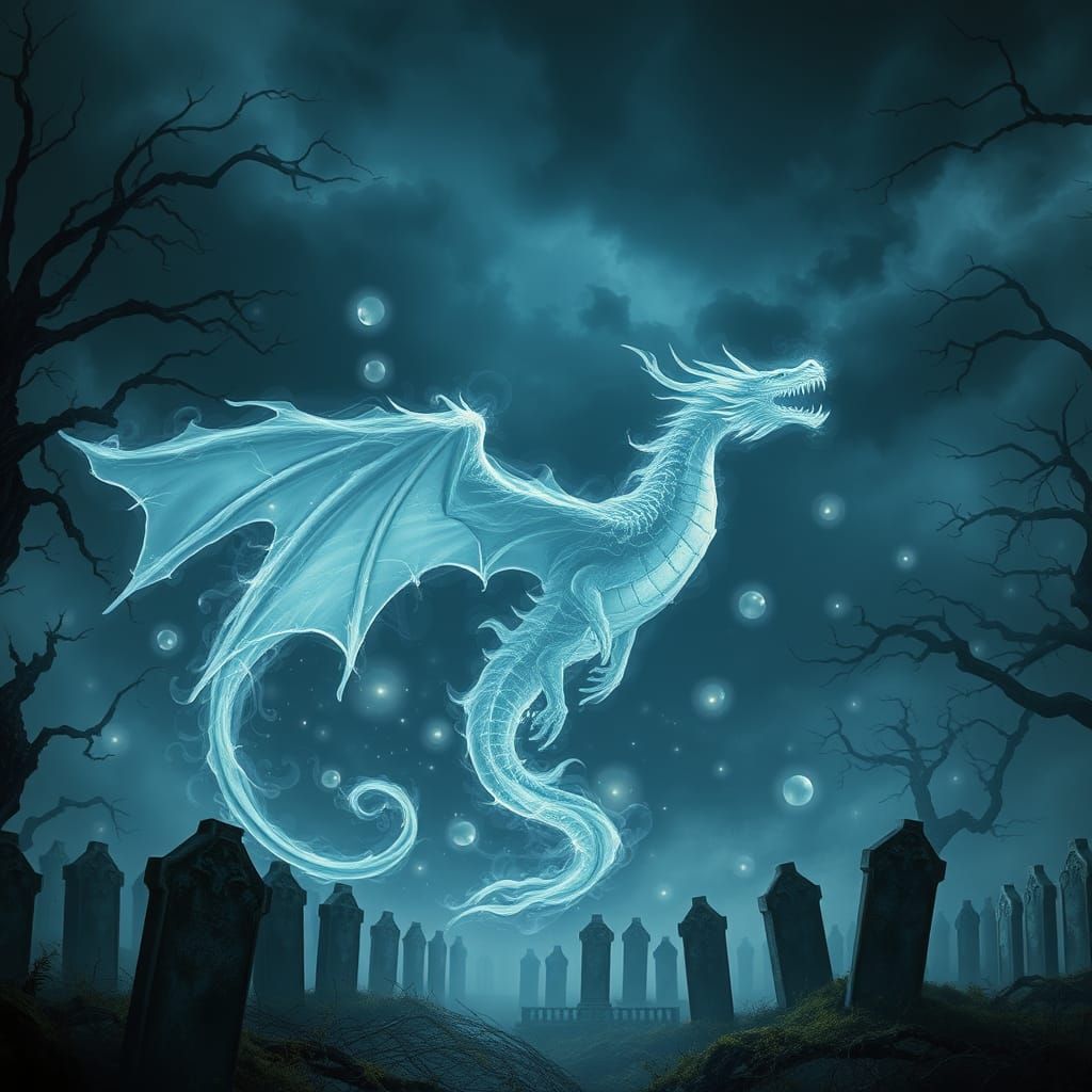 Ethereal Ghost Dragon Soars Amidst Haunting Graveyard Landsc...