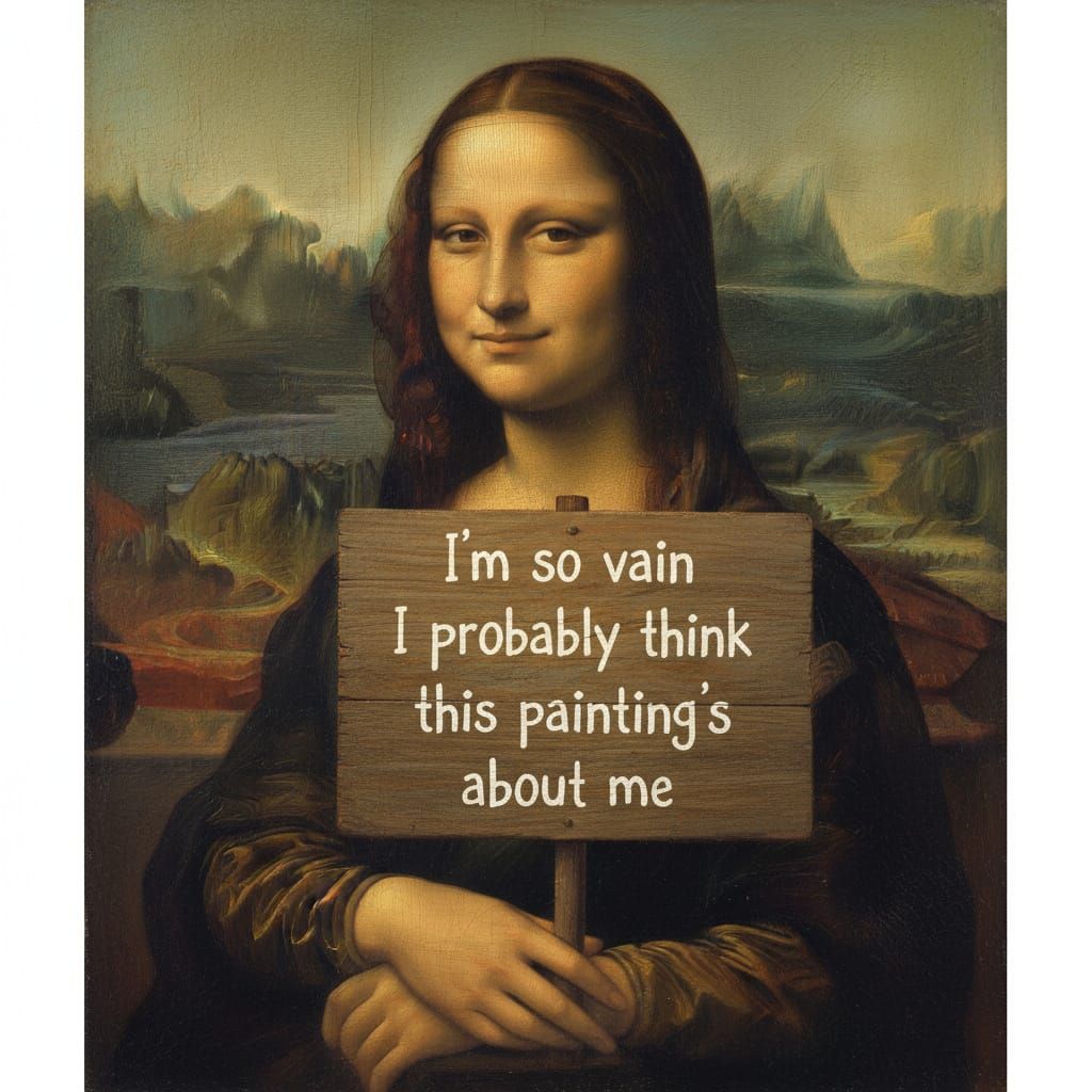 Mona Lisa Holds a Humorous Sign in Da Vinci Style