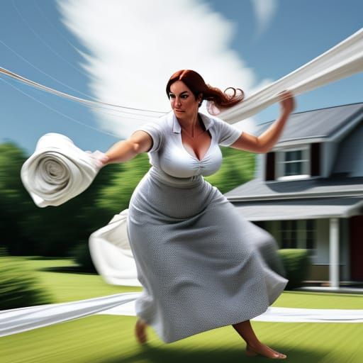Busty housewife throws linen over a laundry line. Action sho...