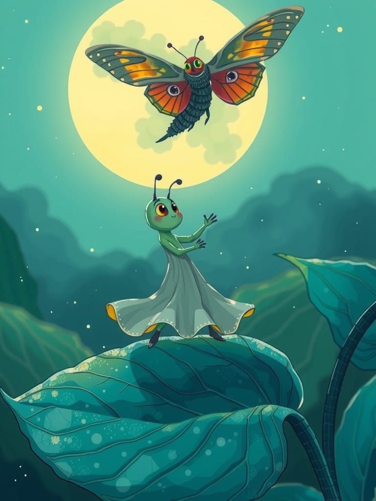 Caterpillar Dancing in Moonlight Cartoon, Miyazaki Style